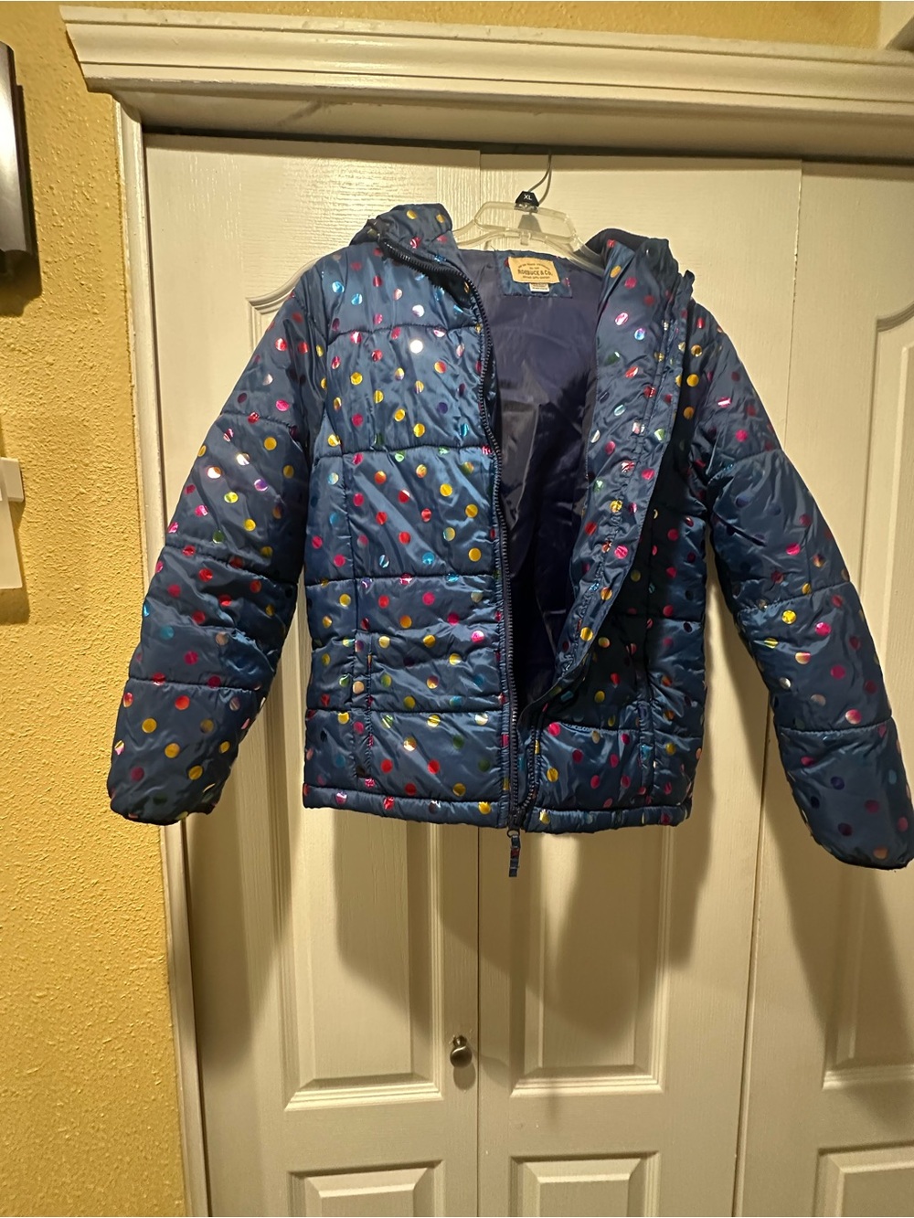 Girls' Roebuck & CO Hooded Navy Polka Dot Puffer Jacket size 14/16